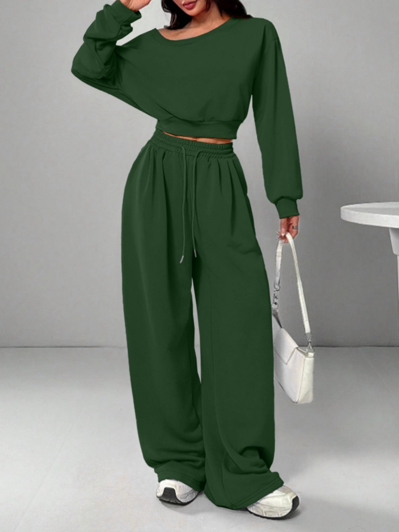 Off Shoulder Crop Sweatshirt Wide Leg Sweatpants Set