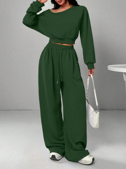 Off Shoulder Crop Sweatshirt Wide Leg Sweatpants Set