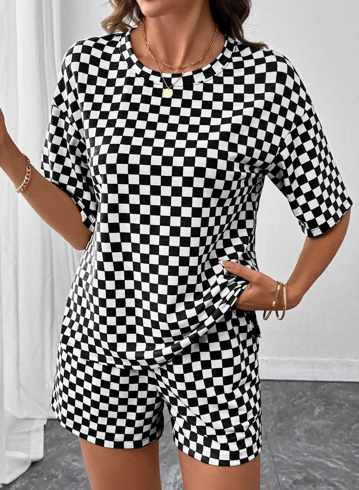 Rose Red Checkerboard Tee and Drawstring Shorts Set