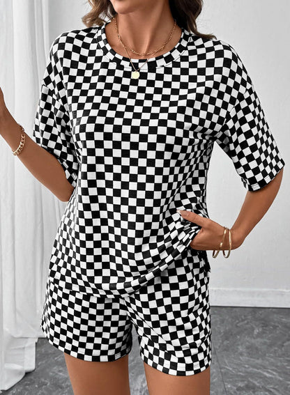 Rose Red Checkerboard Tee and Drawstring Shorts Set