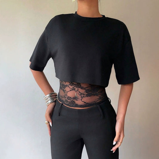 Two-Piece Lace Panel Slim Fit Sheer Short Sleeve Top