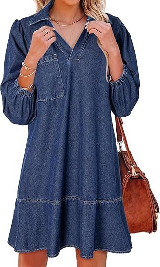 Women's V-Neck Denim Dress Puff Sleeve Tiered Jean Dress