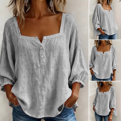 Women's Square Neck Puff Sleeve Button Loose Blouse Top
