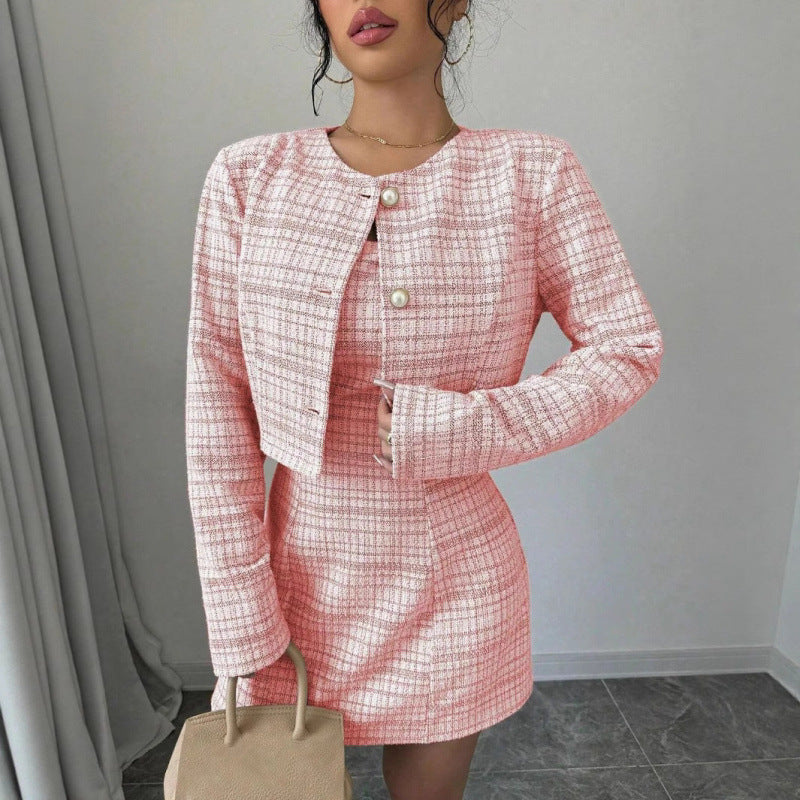 Pink Tweed Blazer & Mini Dress Two Piece Set