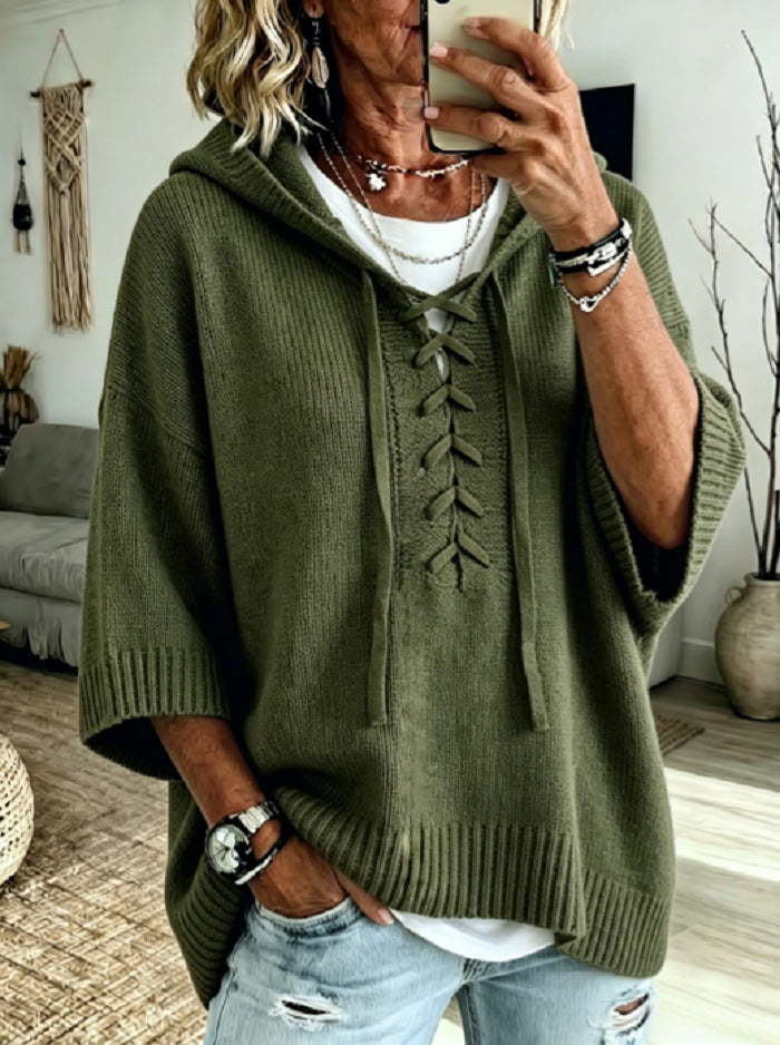 Womens Oversized Hooded Sweater Lace-Up 3/4 Sleeve Pullover