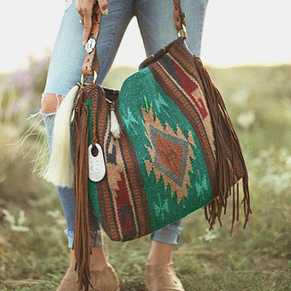 Boho Woven Canvas Tassel Shoulder Bag for Women