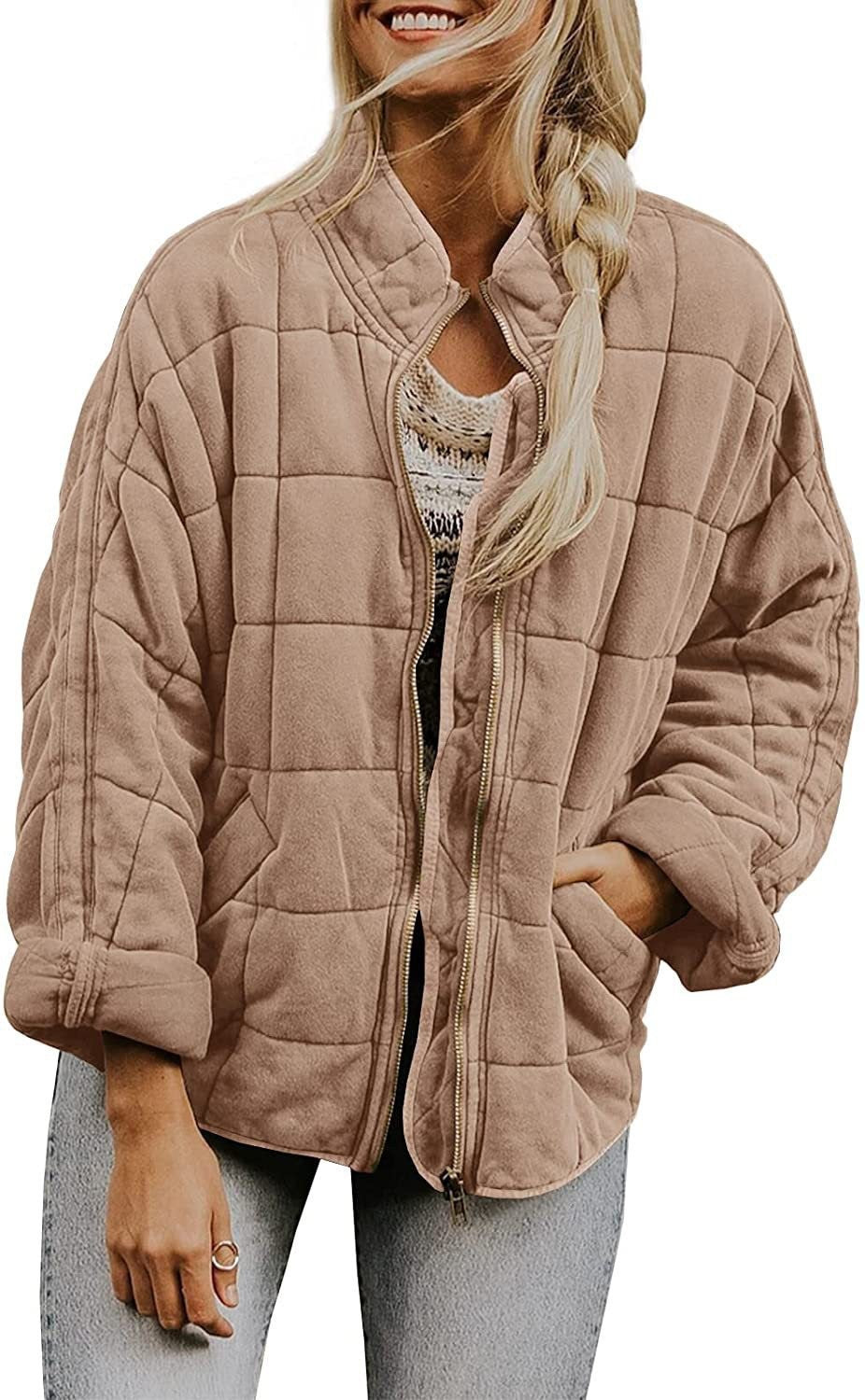 Womens Oversized Quilted Jacket Zip Up Stand Collar