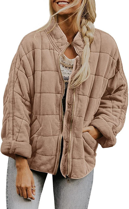 Womens Oversized Quilted Jacket Zip Up Stand Collar