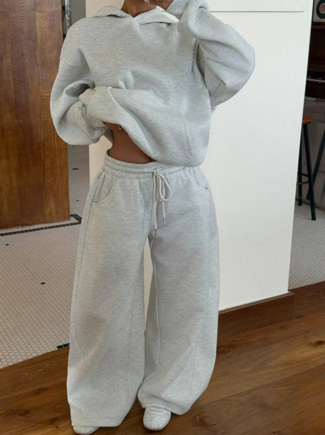 Solid Hoodie Lounge Set Wide Leg Two Piece Outfit
