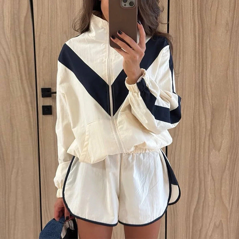 Women's Color Block Zip Jacket Shorts Set