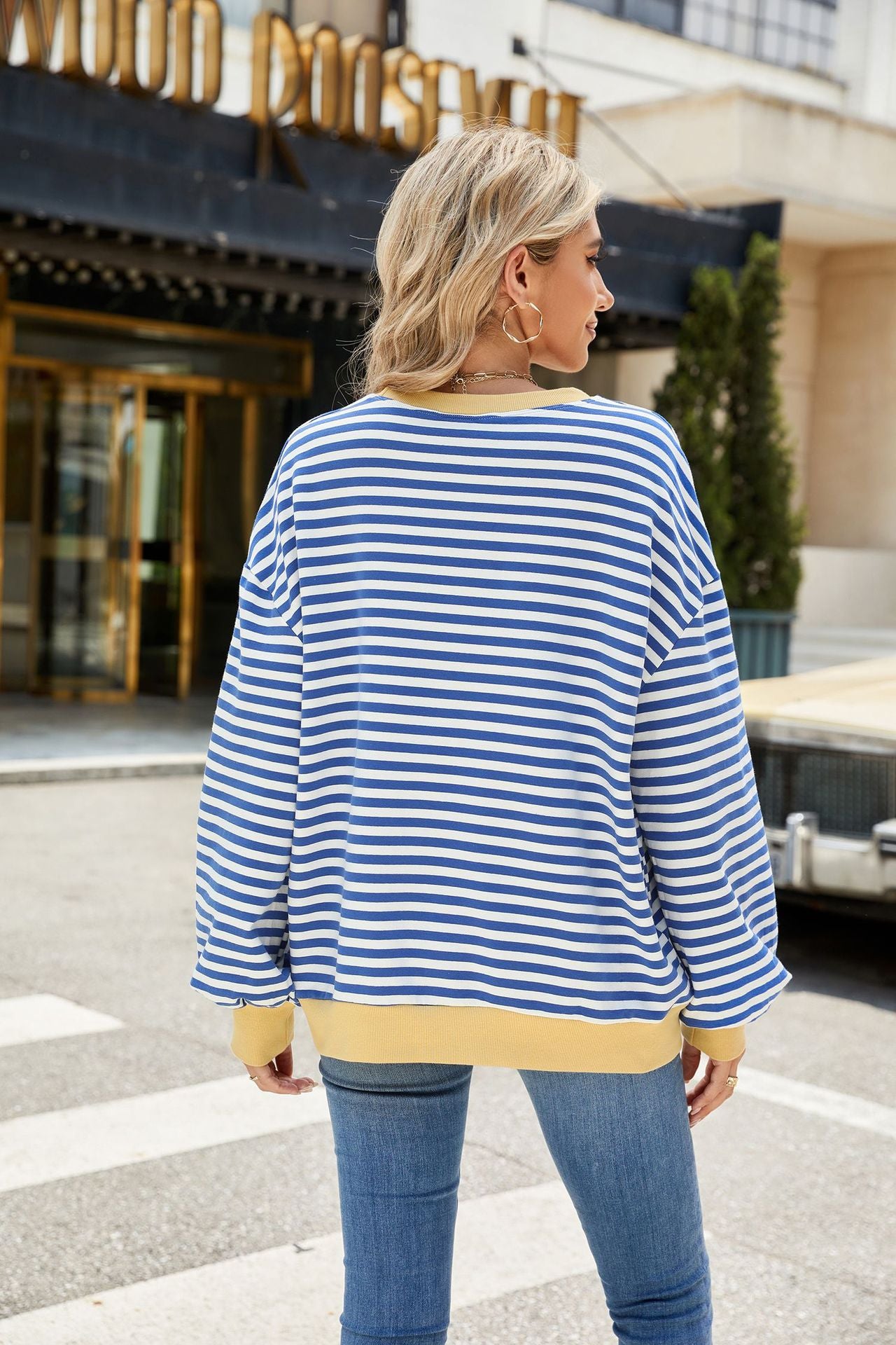 Striped Color Block Crew Neck Oversized Sweatshirt