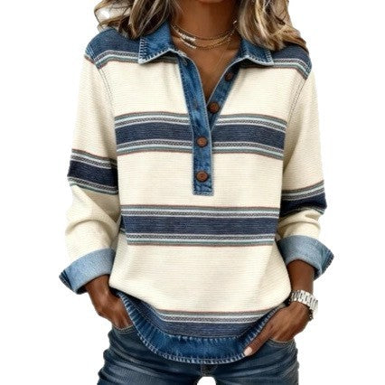 Women's Striped Waffle Knit Denim Collar Long Sleeve Top