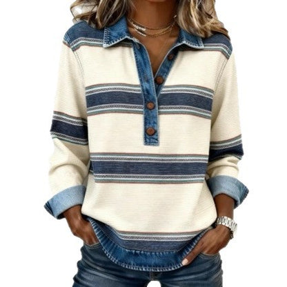 Women's Striped Waffle Knit Denim Collar Long Sleeve Top