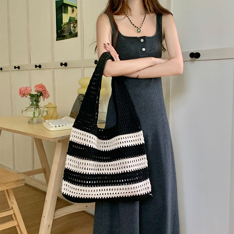 Women's Striped Knitted Bag Hollowed Out Handbag Shoulder Bag Crochet Knitting Beach Bag