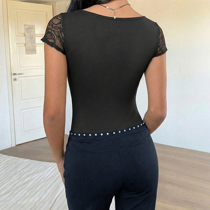 Lace V Neck Bodysuit Sexy Short Sleeve Bodycon Top