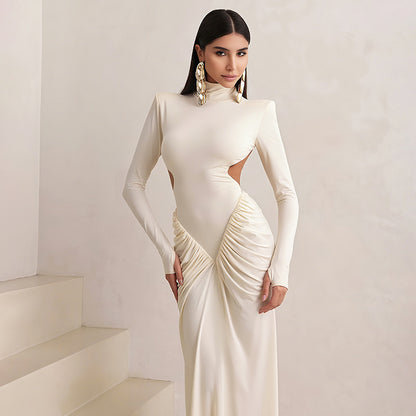 High Neck Cutout Long Sleeve Ruched Bodycon Maxi Dress