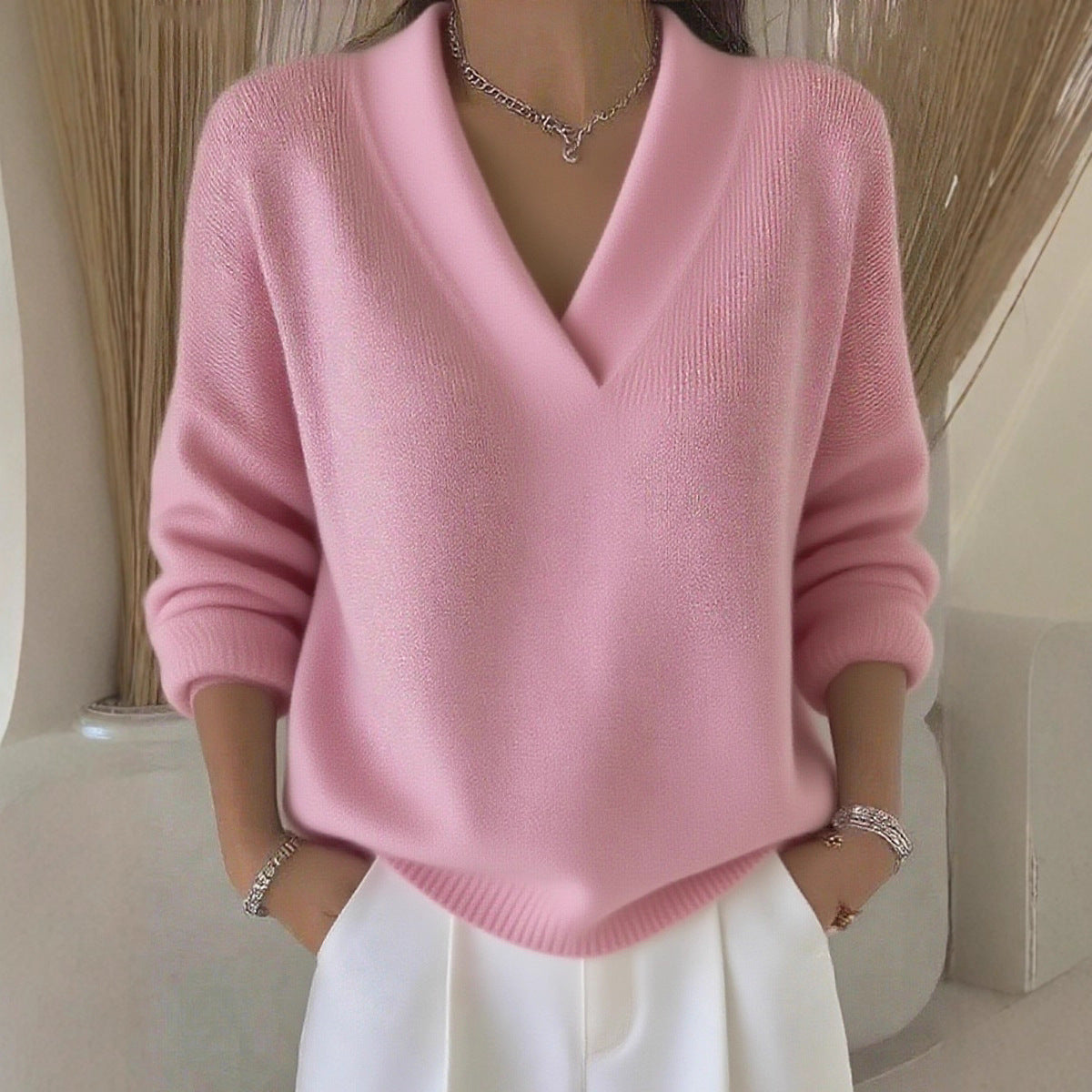 Women’s Oversized V Neck Knit Sweater Soft Pullover