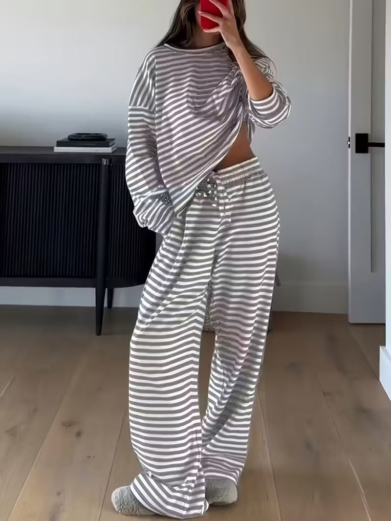 Boutique Striped Lounge Set Long Sleeve Top & Pants