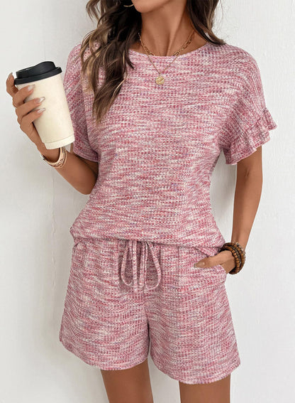 Textured Knit Lounge Set Ruffle Sleeve Drawstring