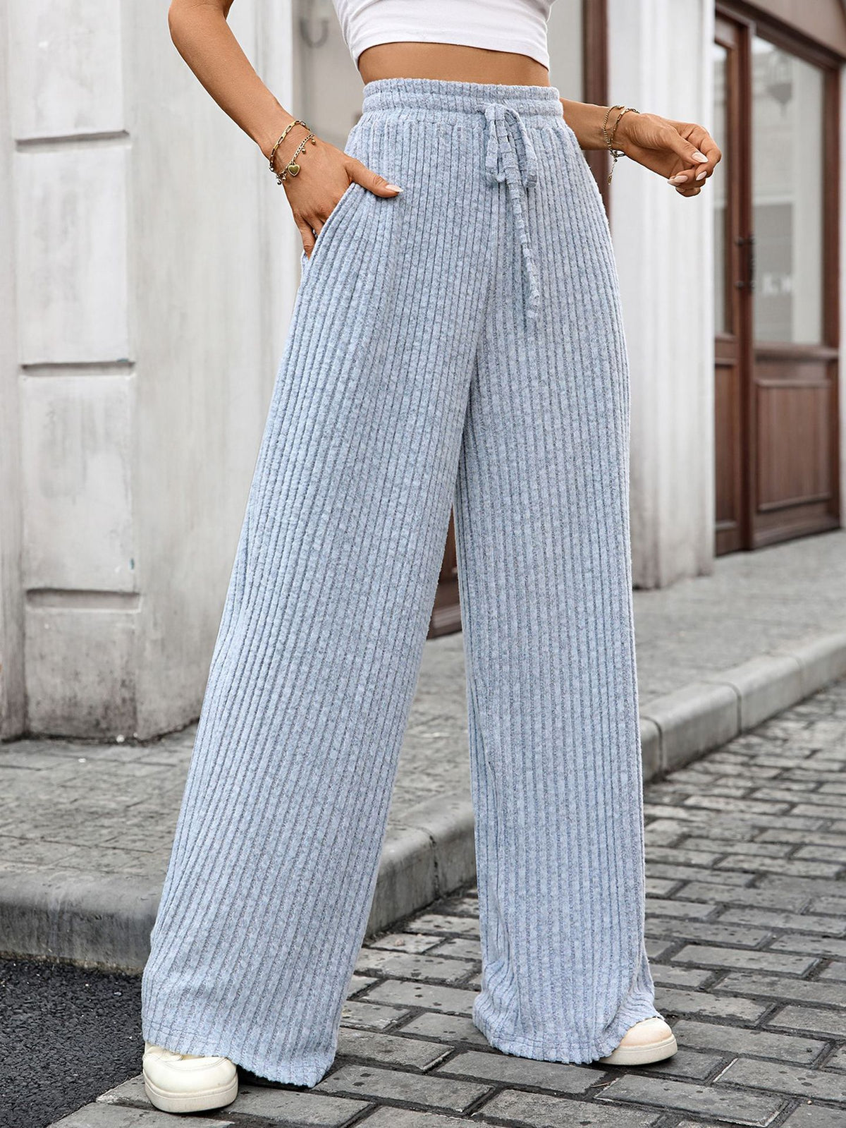 Women's Ribbed Drawstring Wide Leg Lounge Pants