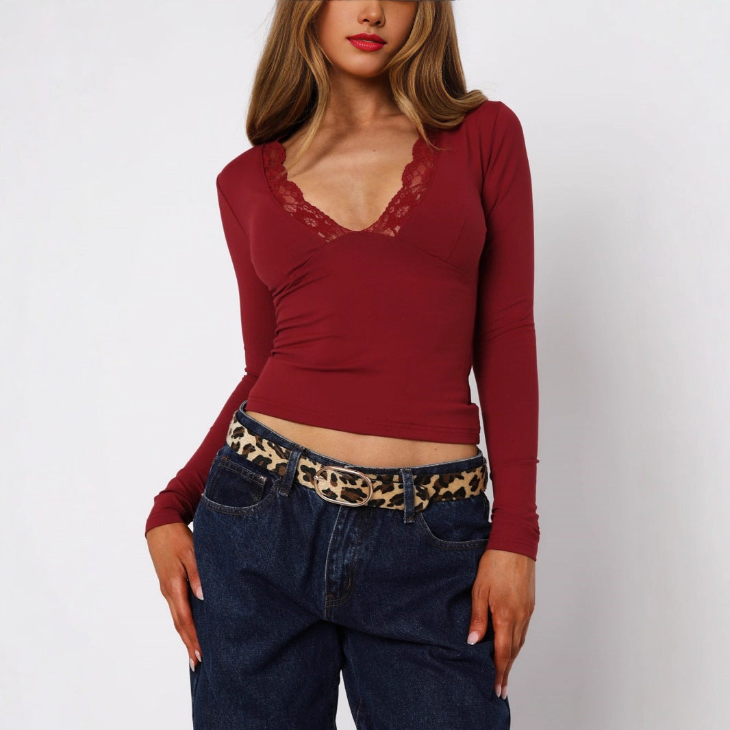 Sexy Lace Trim V Neck Long Sleeve Crop Top