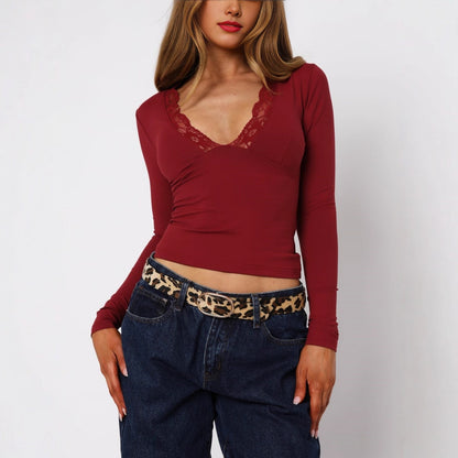 Sexy Lace Trim V Neck Long Sleeve Crop Top