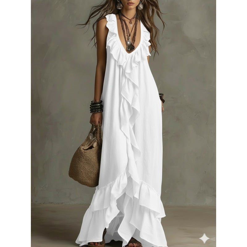Women's Boho Ruffle V-Neck Sleeveless Maxi Dress