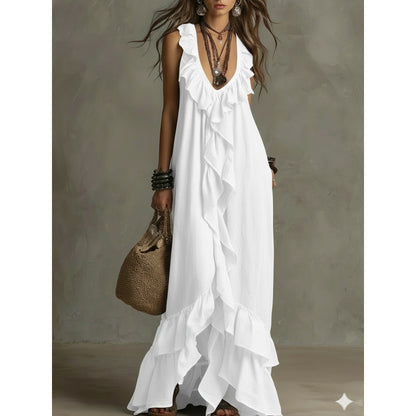 Women's Boho Ruffle V-Neck Sleeveless Maxi Dress