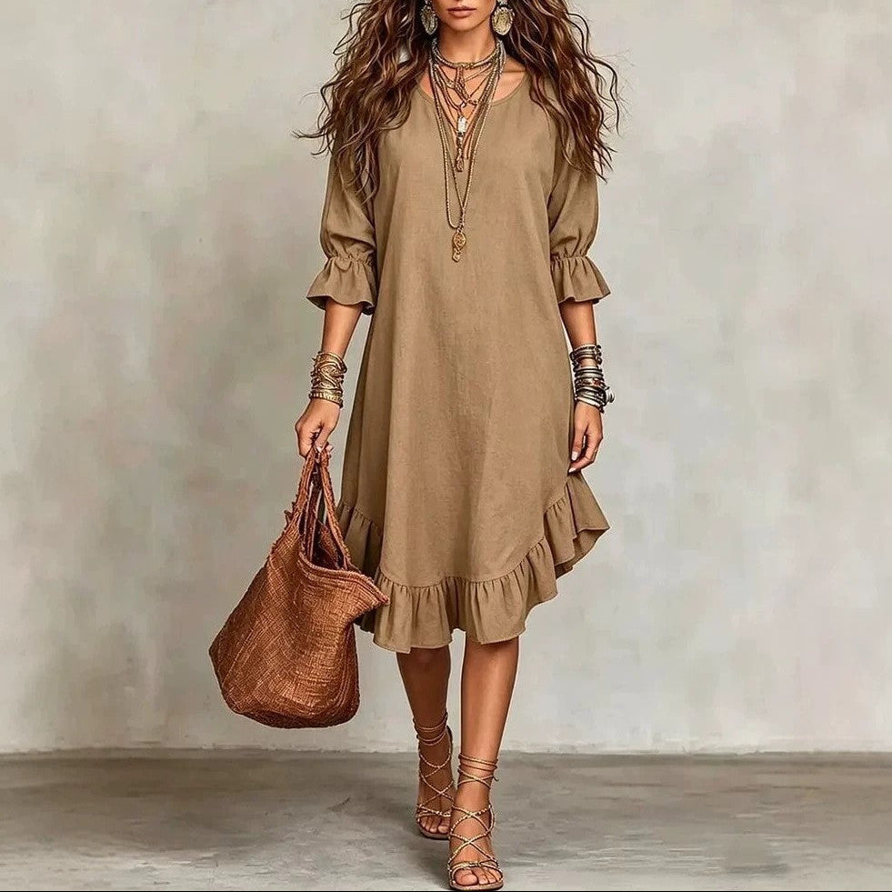 Women's Boho V-Neck Flare Sleeve Ruffle Hem Midi Dress