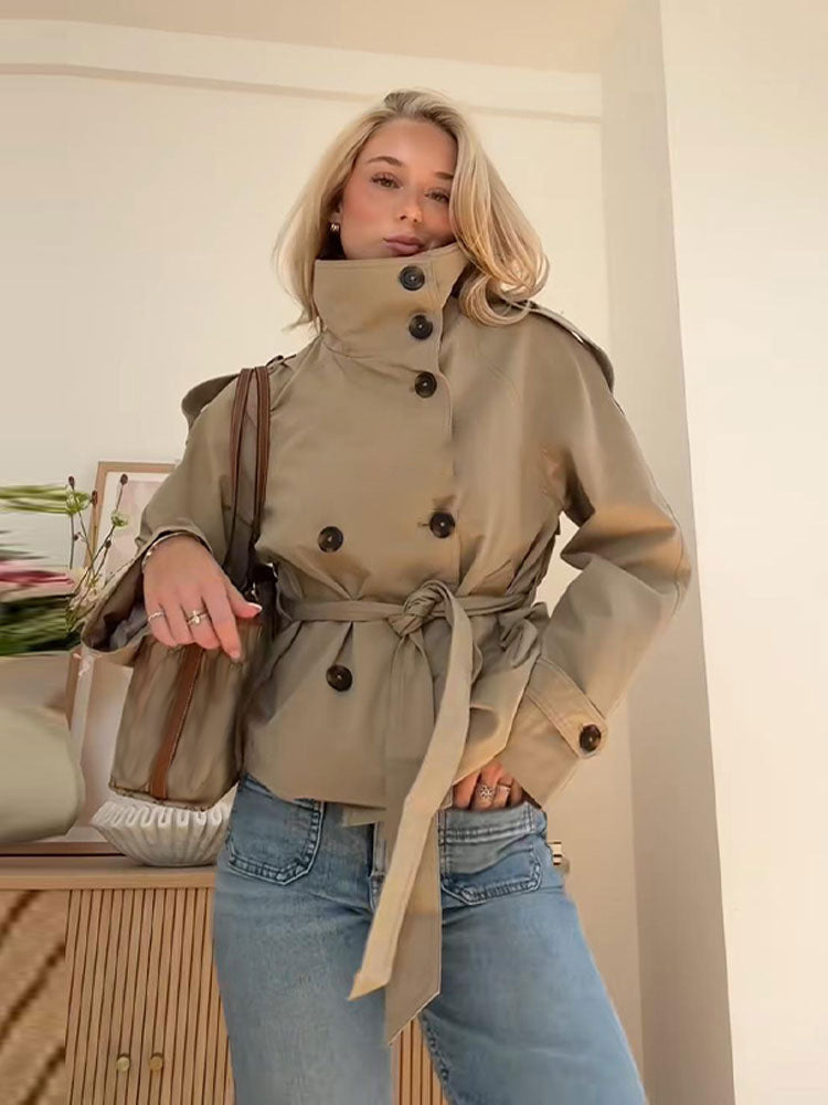 Women's Belted Double Breasted Cropped Trench Coat