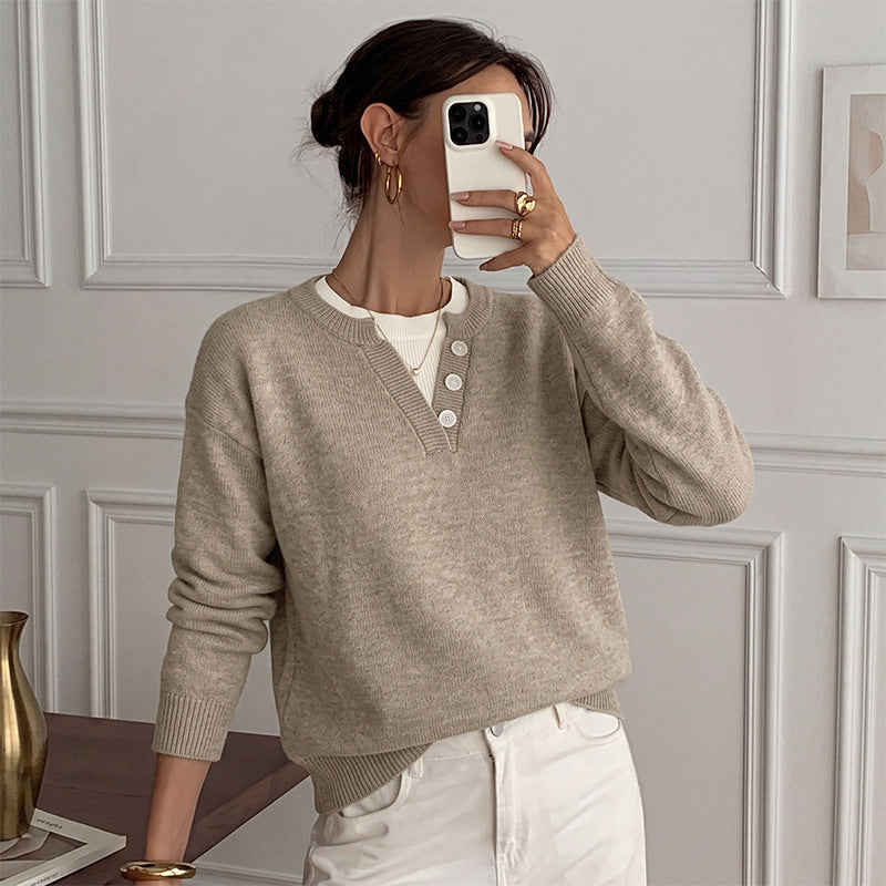 Solid Layered Knit Sweater Henley Neck Relaxed Fit