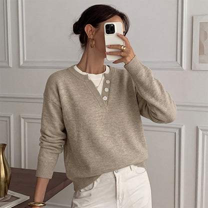 Solid Layered Knit Sweater Henley Neck Relaxed Fit