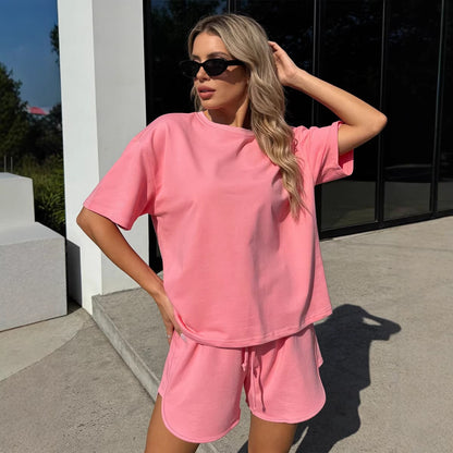 Cotton Two Piece Set T Shirt Shorts Casual Lounge Outfit