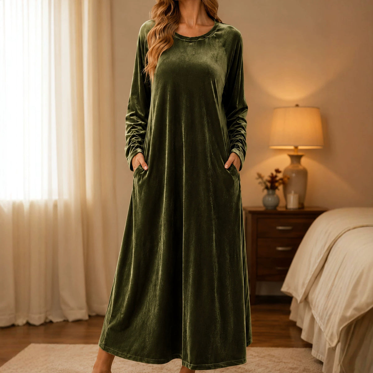 Women's Long Sleeve Velvet Maxi Dress A-Line with Pockets