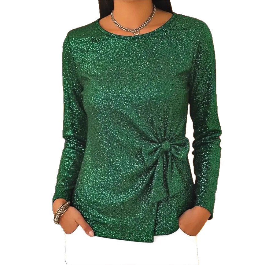 Women's Glitter Bow Front Long Sleeve Blouse