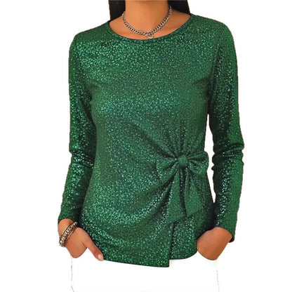 Women's Glitter Bow Front Long Sleeve Blouse