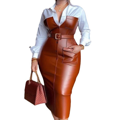 Color Block Faux Leather Belted Shirt Dress Midi