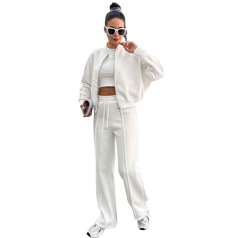 Women's Fleece Lined Zip Up Jacket Wide Leg Pants Set