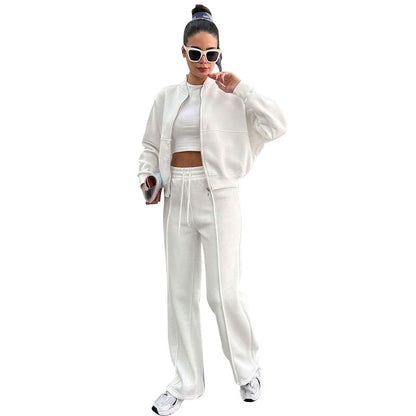 Women's Fleece Lined Zip Up Jacket Wide Leg Pants Set