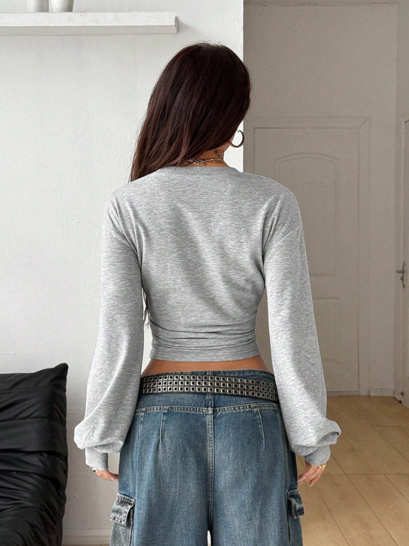 Y2K Crop Sweatshirt Slim Fit Solid Long Sleeve Top