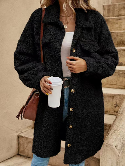 Women's Long Sherpa Jacket Button Down Collared Coat