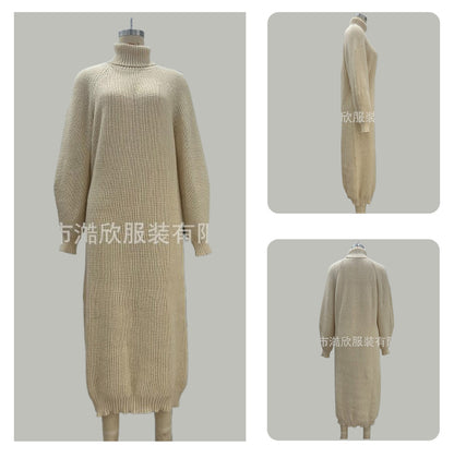Women's Turtleneck Ribbed Sweater Dress Long Sleeve Maxi