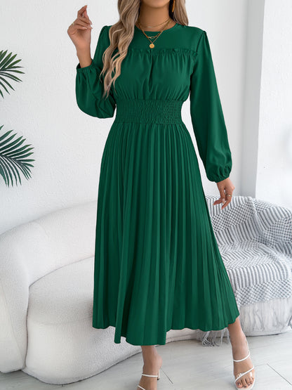 Pleated Maxi Dress Smocked Waist Long Sleeve Midi Dress