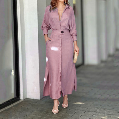 Women's Belted Maxi Shirt Dress Long Sleeve