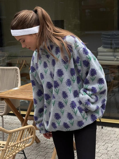 Floral Fleece Half Zip Pullover High Neck Oversized Sweatshirt