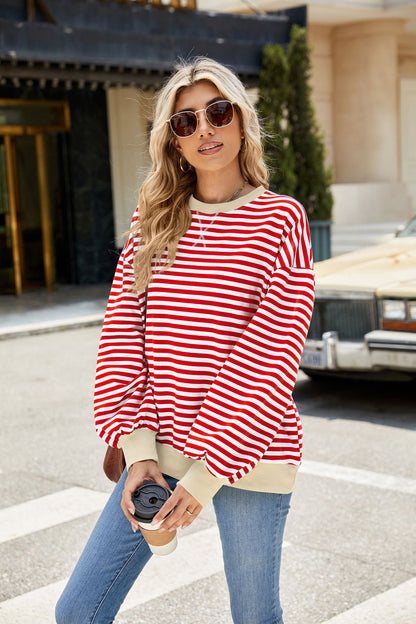 Striped Color Block Crew Neck Loose Fit Long Sleeve Sweatshirt