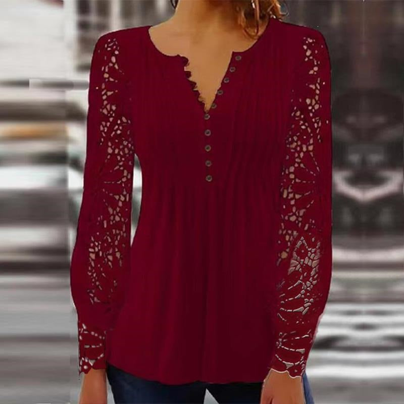 Women's Lace Sleeve Pleated V-Neck Blouse