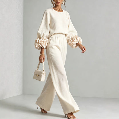 Women's Floral Cuff Top Wide Leg Pants Matching Set