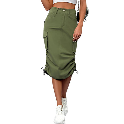 Women's High-Waist Cargo Midi Skirt with Pockets, Drawstring Hem