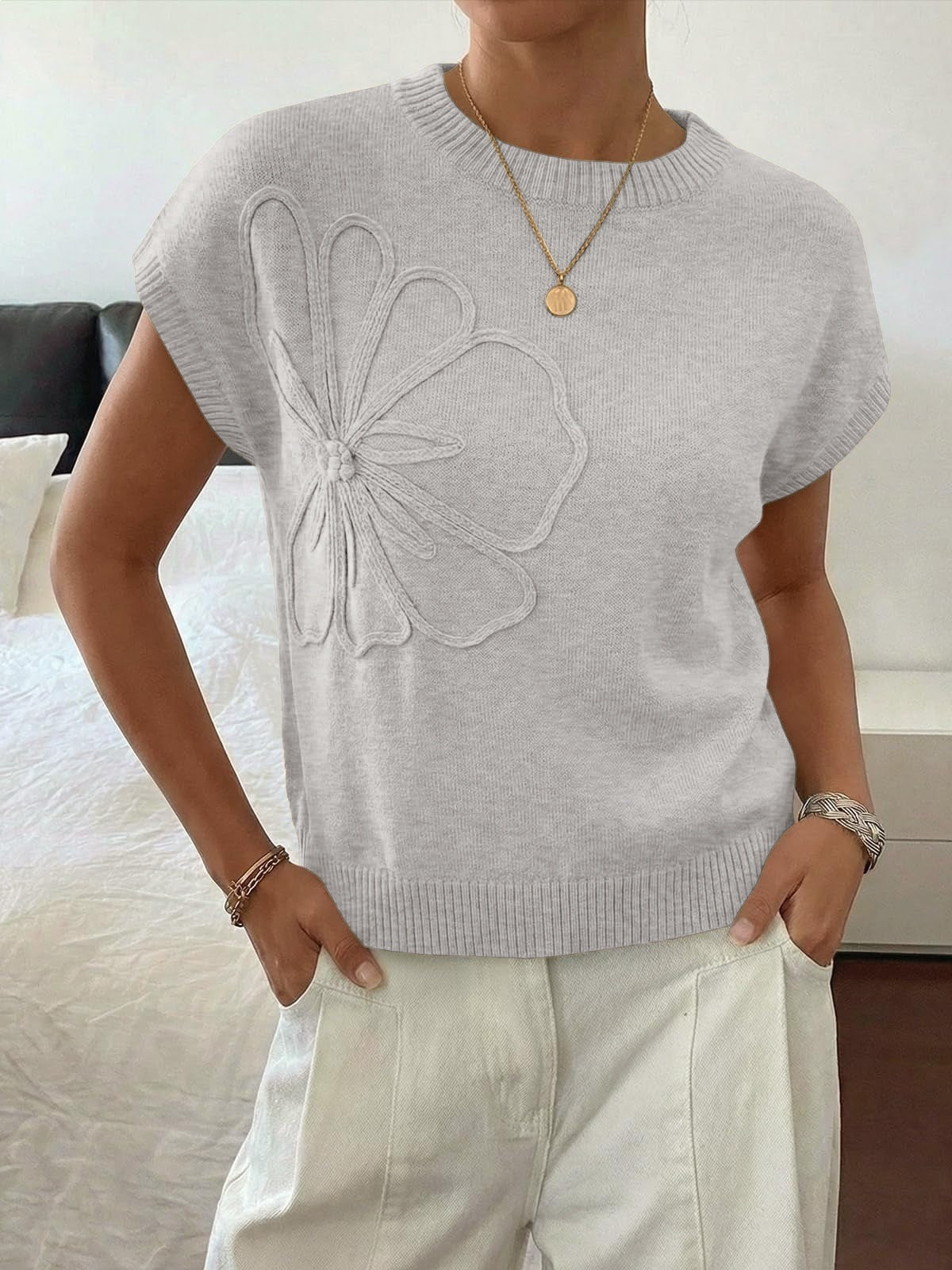 Floral Knit Sweater Short Sleeve Textured Summer Top